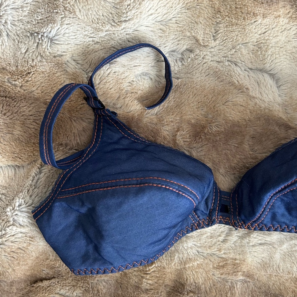 Vintage 70s Warners Blue & Orange Stitchibg Bra XS - Picture 2 of 4